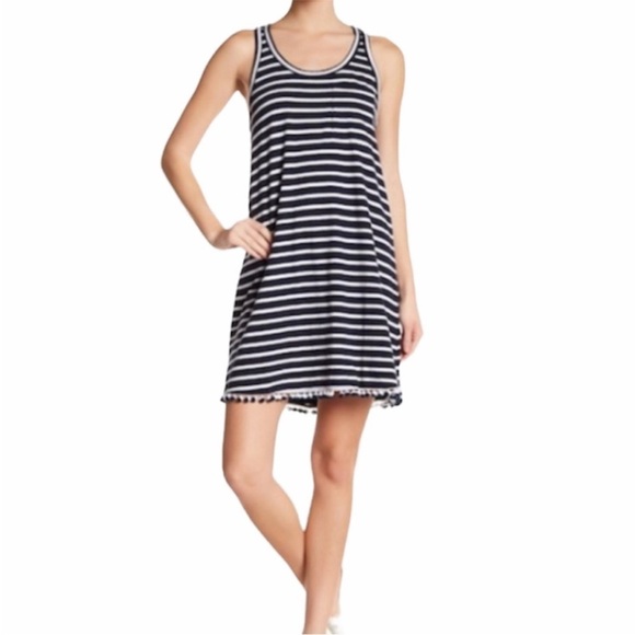 Sundry Nautical Striped Racerback Dress Pom Pom Trim Size Small - Picture 1 of 11